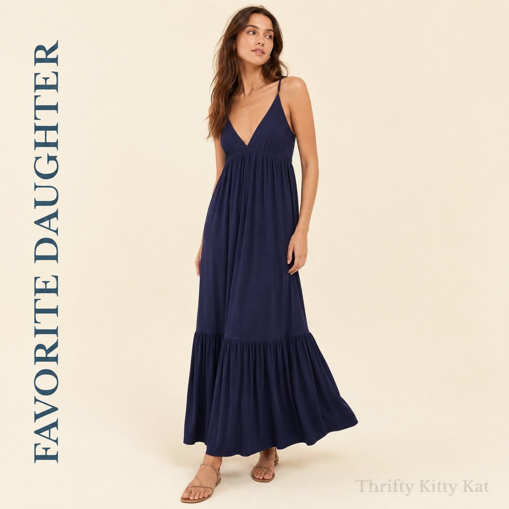 Favorite Daughter Weekend Maxi Dress Deep V Lace Up Back Tiered Hem Navy NWT XL
